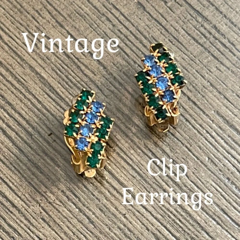 Vintage Three Row Blue & Green Rhinestone Clip Earrings, Gold-tone Setting